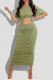 Green Sexy Casual Solid Hollowed Out Fold O Neck Short Sleeve Dress