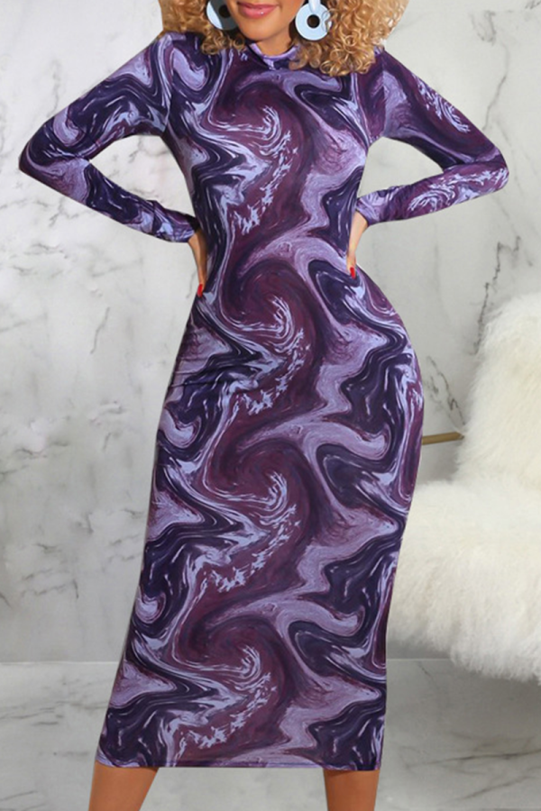 Purple Sexy Print Patchwork Zipper Collar Pencil Skirt Dresses