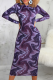Purple Sexy Print Patchwork Zipper Collar Pencil Skirt Dresses