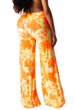 Yellow Pink Yellow Elastic Fly Sleeveless High Patchwork Print Boot Cut Pants Bottoms