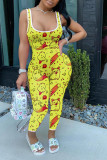 Yellow Fashion Casual Print Sleeveless Slip Jumpsuits