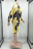 Yellow Sexy Print Hollowed Out V Neck Pencil Skirt Plus Size Dresses