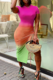Red Casual Patchwork Tie-dye High Opening O Neck Irregular Dress Dresses