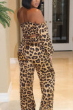 Yellow Sexy Street Leopard Patchwork Print asymmetrical Loose Nine Sleeves Two Pieces