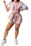 Pink Fashion Casual adult Patchwork Print Tie Dye Bandage Two Piece Suits Straight Short Sleeve Two Pieces