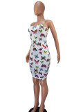 White Sexy Spaghetti Strap Sleeveless Slip Step Skirt Mini Print Patchwork backless Dresses