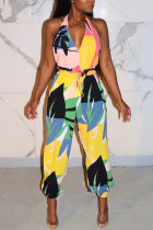 Yellow Fashion Sexy Print Backless Sleeveless V Neck Jumpsuits