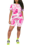 Orange Fashion Active Casual Patchwork Print Tie Dye Straight Short Sleeve Two Pieces