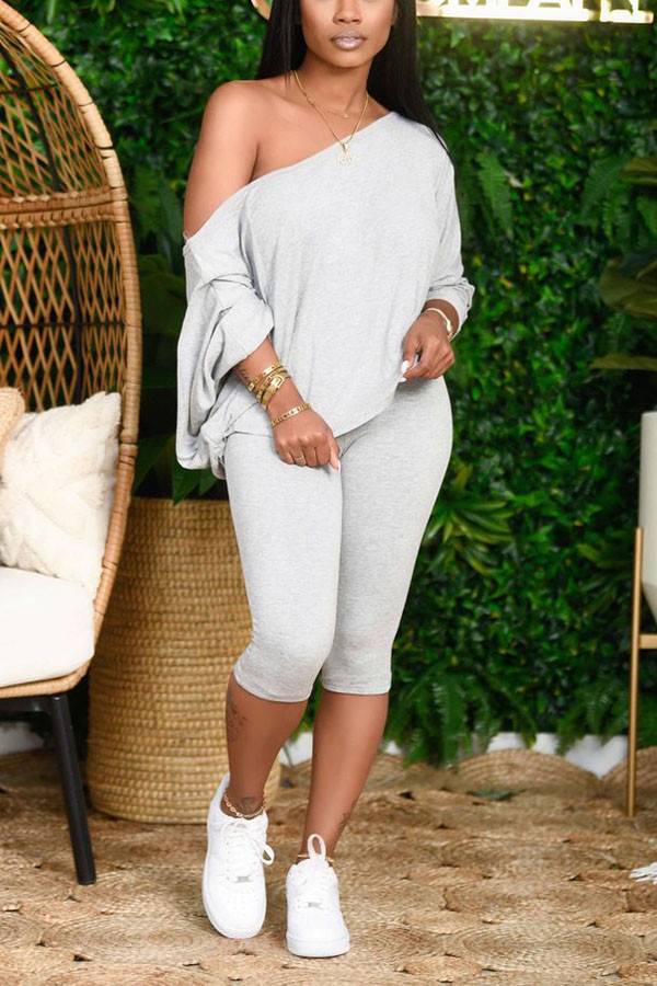 Grey Sexy Solid pencil Long Sleeve Two Pieces