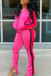 rose red Casual Twilled Satin Print Zipper Collar Long Sleeve Regular Sleeve Regular Two Pieces