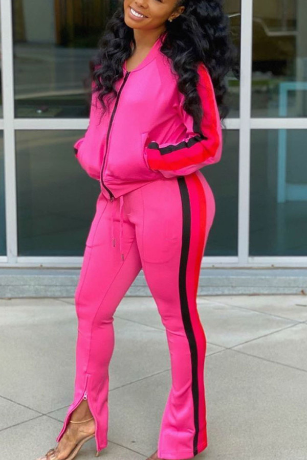 rose red Casual Twilled Satin Print Zipper Collar Long Sleeve Regular Sleeve Regular Two Pieces