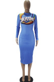 Yellow Fashion Casual Adult Print Patchwork O Neck Long Sleeve Knee Length A Line Dresses