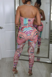 Pink Sexy Casual Print Backless Strapless Skinny Jumpsuits