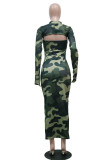 Green Street Print Leopard O Neck Long Sleeve Two Pieces