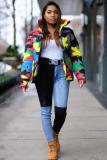 Green Turtleneck Camouflage Print Zippered Patchwork Spandex Print Long Sleeve Blazer & Suits &Jacket