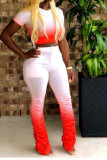 Red Casual Print Boot Cut Short Sleeve Two Pieces