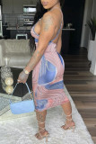 Light Blue Fashion Sexy Print Backless Spaghetti Strap Sleeveless Dress Dresses