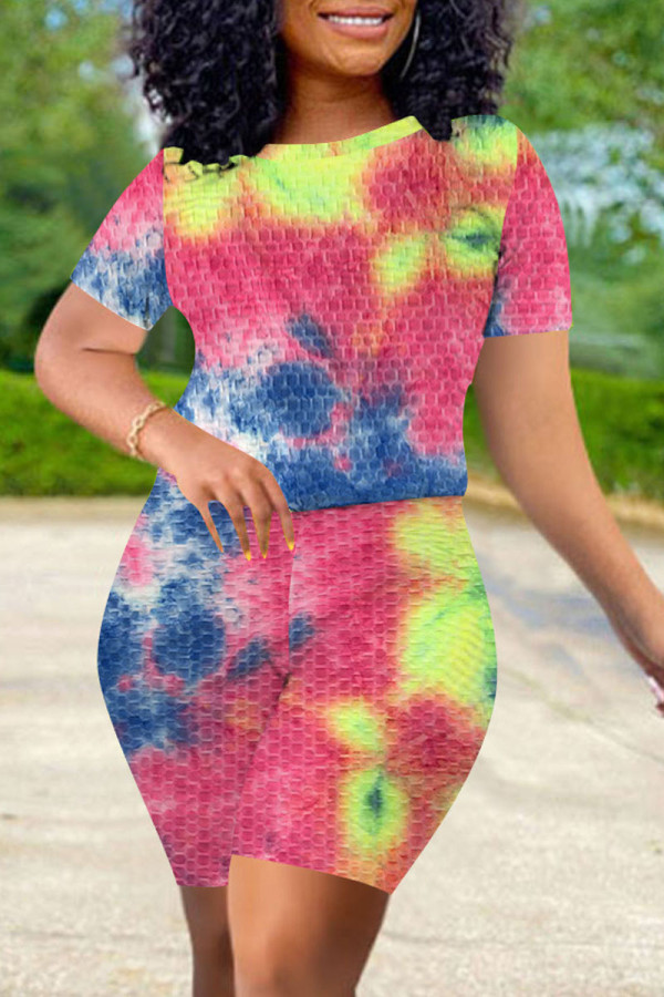 Yellow Pink Casual Print Tie Dye Patchwork O Neck Short Sleeve Two Pieces