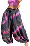 rose red Pink rose red colour Drawstring Mid Patchwork Print Loose Pants Bottoms