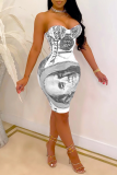 Blue Sexy Print Patchwork Strapless Pencil Skirt Dresses
