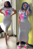 Grey Fashion adult OL Black Grey Cap Sleeve Short Sleeves O neck Asymmetrical Mid-Calf Print Patchwork hole lip Dresses
