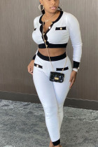 White Street Geometric Patchwork O Neck Long Sleeve Regular Sleeve Short Two Pieces