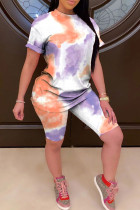 Orange Casual Print Straight Short Sleeve Two Pieces