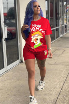 Red Fashion adult Ma'am Street Patchwork Print Character Two Piece Suits pencil Short Sleeve Two Pieces