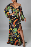 White Casual Print Draw String V Neck Cake Skirt Dresses