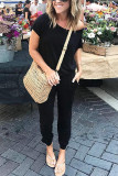 Coffee Sexy Fashion Solid Patchwork Short Sleeve one shoulder collar Jumpsuits