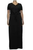 Black Fashion Sexy adult Ma'am V Neck Patchwork Solid Two Piece Suits Stitching Plus Size
