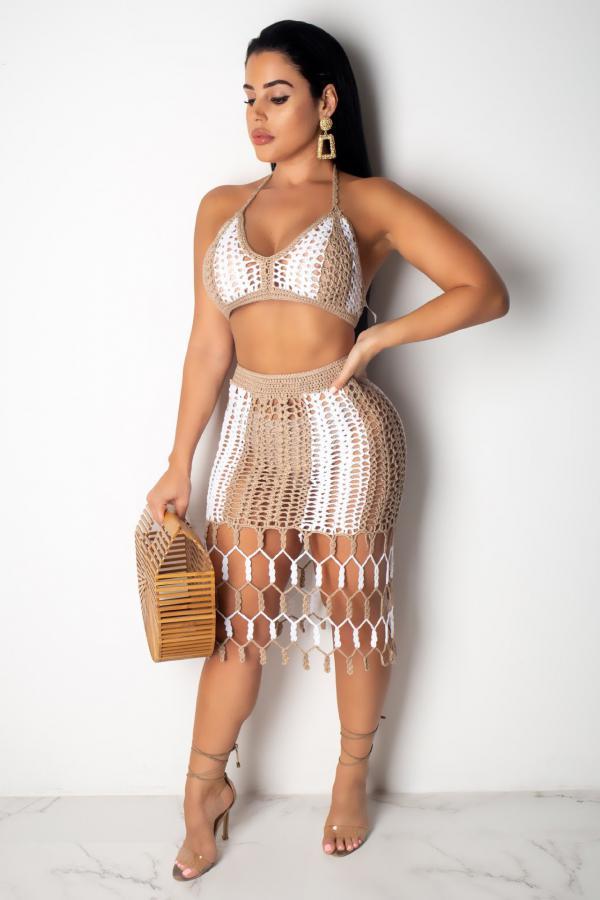 Khaki Sexy Fashion adult Geometric Two Piece Suits HOLLOWED OUT Patchwork Hole Regular Sleeveles