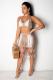 Khaki Sexy Fashion adult Geometric Two Piece Suits HOLLOWED OUT Patchwork Hole Regular Sleeveles