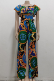 Multicolor Sexy Print Patchwork Off the Shoulder Straight Jumpsuits
