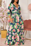 Multicolor Fashion Casual Print Bandage V Neck Long Dress