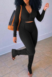Coffee Fashion Casual Solid Slit Fold Zipper Collar Long Sleeve Two Pieces