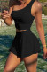 Black Fashion Sexy Solid Backless One Shoulder Sleeveless Two Pieces