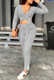 Coffee Casual Knitting Patchwork Solid Patchwork Pullovers Pants Knotted V Neck Long Sleeve Regular Sleeve Short Two Pieces