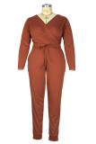 Brown Casual Twilled Satin Solid V Neck Plus Size 