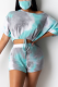Blue Casual Patchwork Tie-dye One Shoulder Short Sleeve Two Pieces