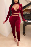 Red Fashion Sexy Solid Hollowed Out Turtleneck Long Sleeve Two Pieces