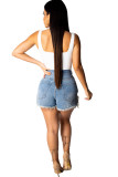 Blue Denim Zipper Fly Button Fly High washing Hole Zippered Pocket Straight shorts Shorts