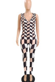 Yellow And Blue Sexy Print Patchwork V Neck Skinny Jumpsuits