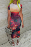 Blue Sexy Print Patchwork O Neck Pencil Skirt Dresses