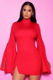 Black Fashion Sexy adult Bell sleeve Long Sleeves Turtleneck Step Skirt Mini split Patchwork Sol