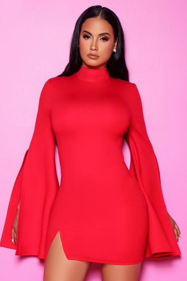 Red Fashion Sexy adult Bell sleeve Long Sleeves Turtleneck Step Skirt Mini split Patchwork Sol