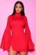 Red Fashion Sexy adult Bell sleeve Long Sleeves Turtleneck Step Skirt Mini split Patchwork Sol
