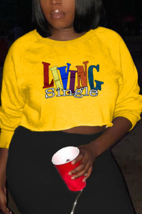 Yellow Fashion Casual Adult Print Pullovers O Neck Tops