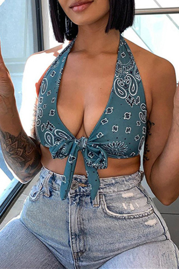 Blue Fashion Sexy Print Bandage Backless Halter Tops
