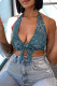 Blue Fashion Sexy Print Bandage Backless Halter Tops
